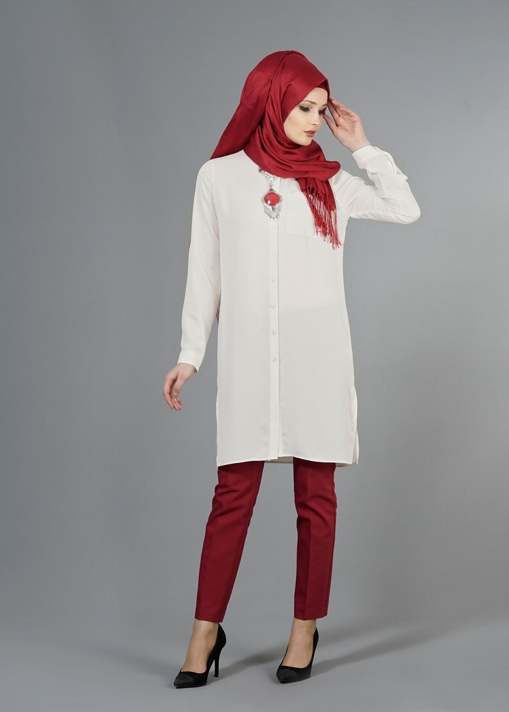 Tesettür giyim EKRU T 3958 Lafaba Klasik Uzun Tunik