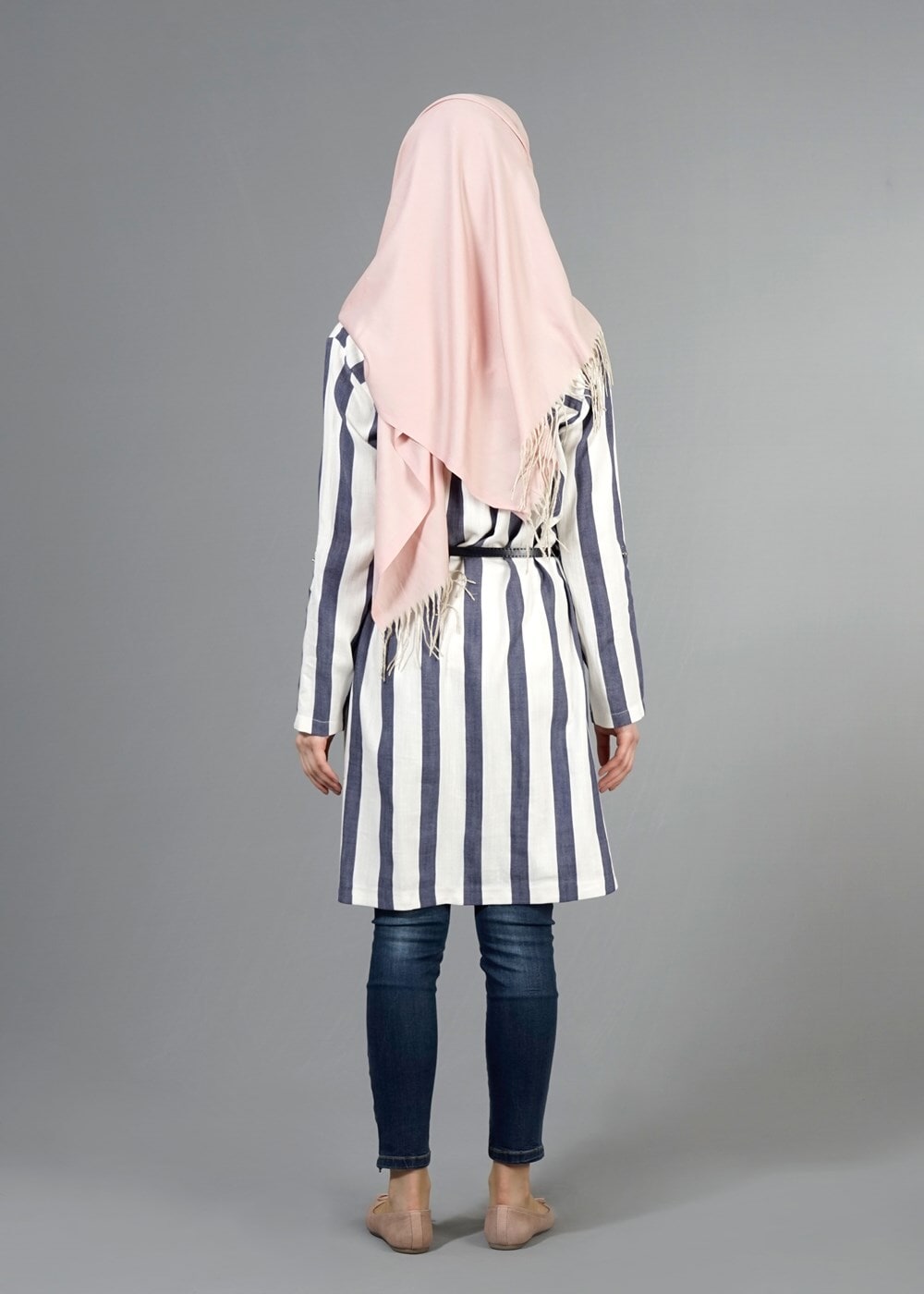 Tesettür giyim LACİVERT T 3962 Lafaba Çizgili Kemerli Tunik