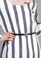 Tesettür giyim LACİVERT T 3962 Lafaba Çizgili Kemerli Tunik