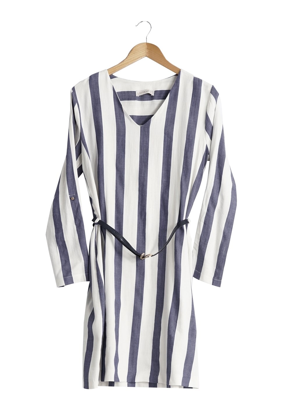 Tesettür giyim LACİVERT T 3962 Lafaba Çizgili Kemerli Tunik