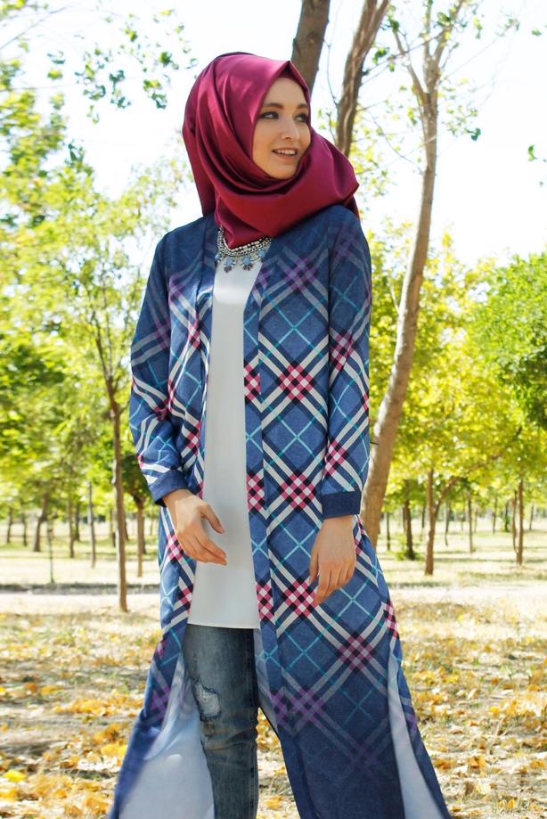 Hijab clothing  CHECKED LONG JACKET 4263  - TRENDTESETTÜR