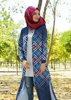 Tesettür giyim MAVİ EKOSE DESENLİ UZUN CEKET 4263 