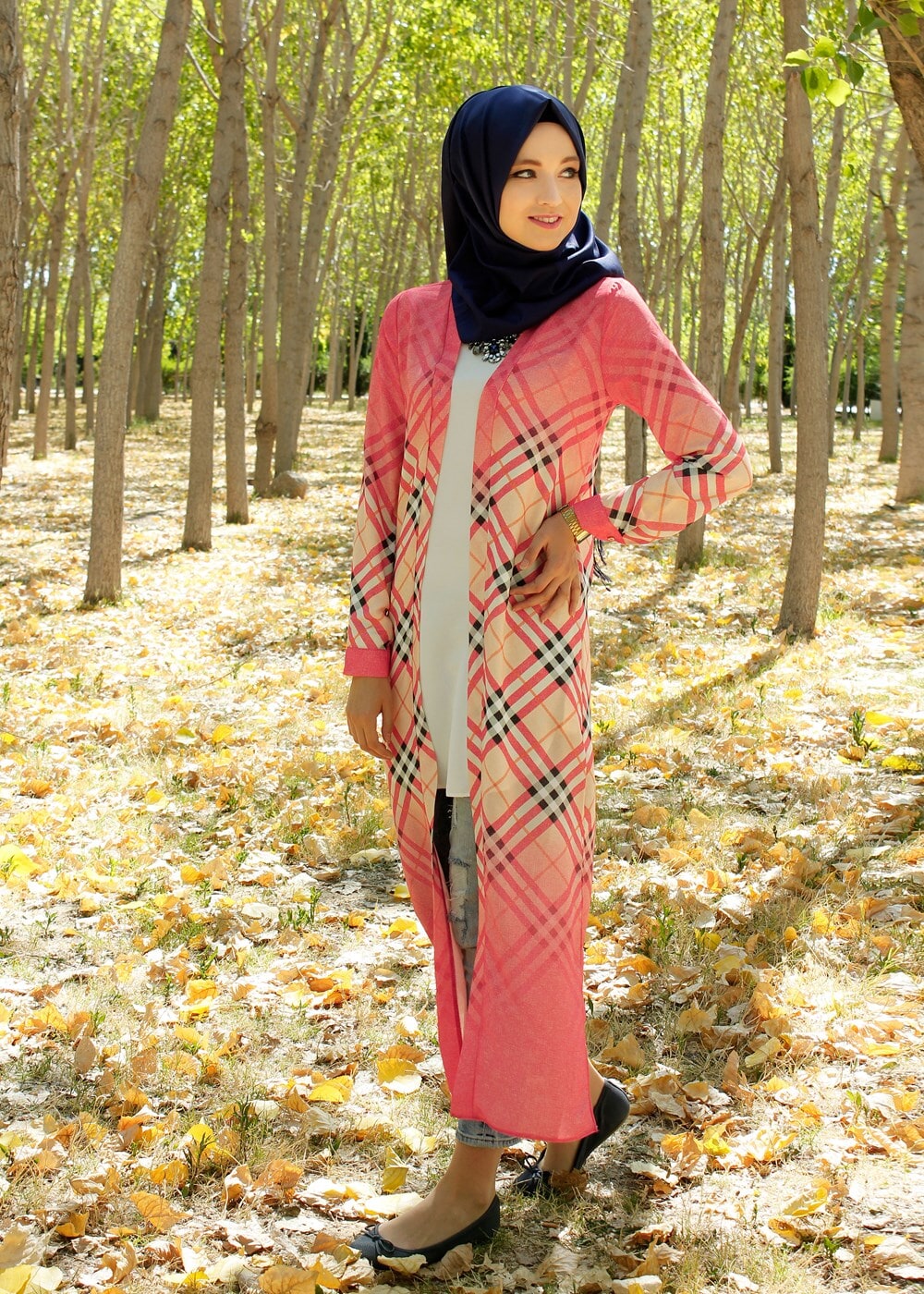 Tesettür giyim TURUNCU EKOSE DESENLİ UZUN CEKET 4263 