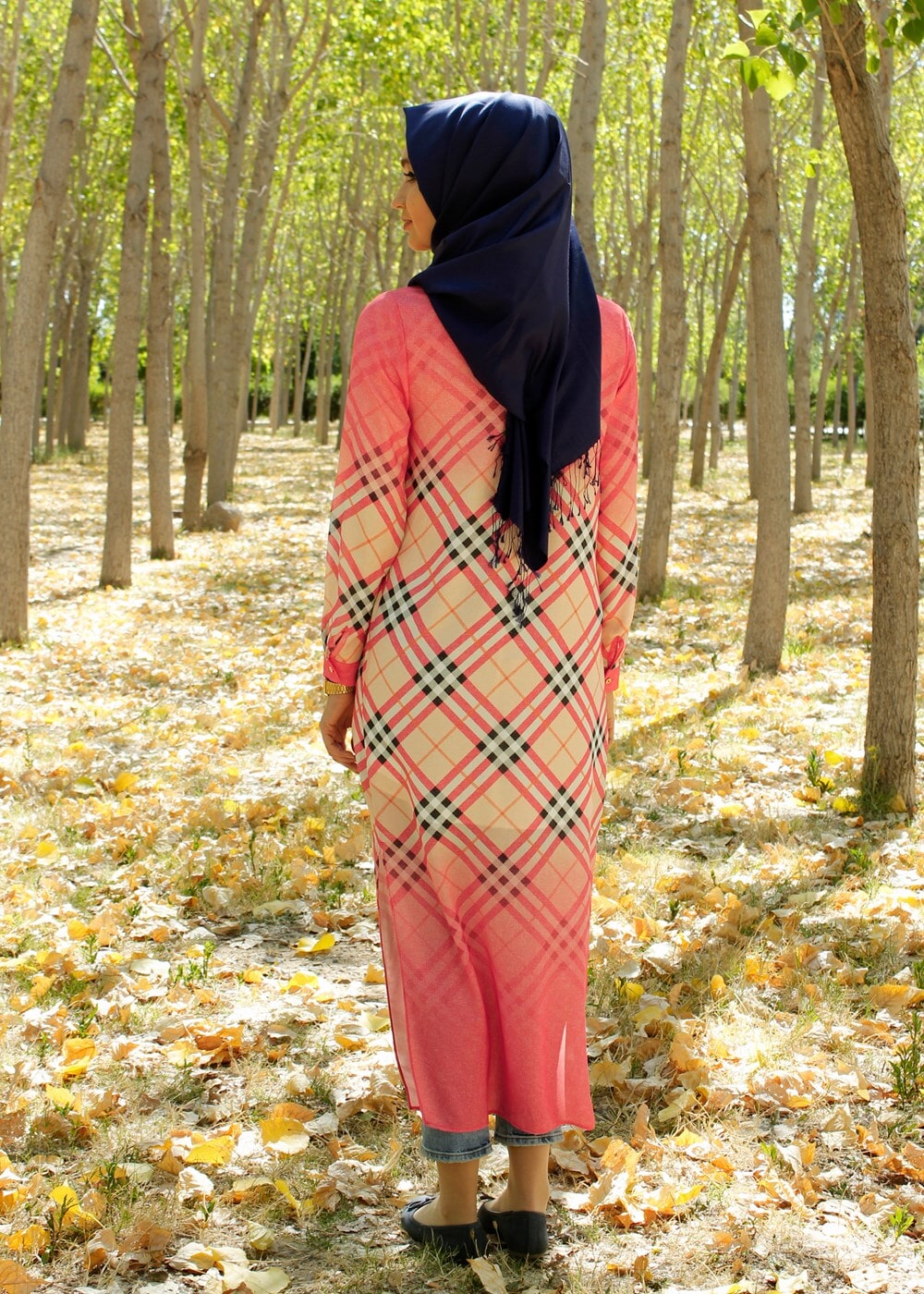 Tesettür giyim TURUNCU EKOSE DESENLİ UZUN CEKET 4263 