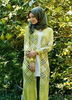 Tesettür giyim SARI EKOSE DESENLİ UZUN CEKET 4263 