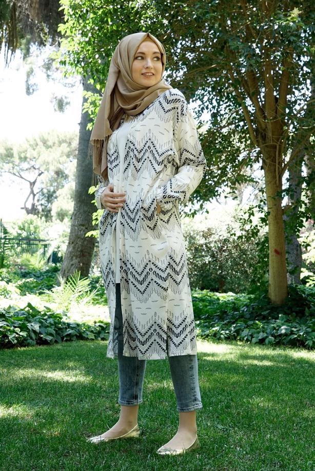 Tesettür giyim  T 4285 Lafaba Zikzak Desenli Ceket - TRENDTESETTÜR