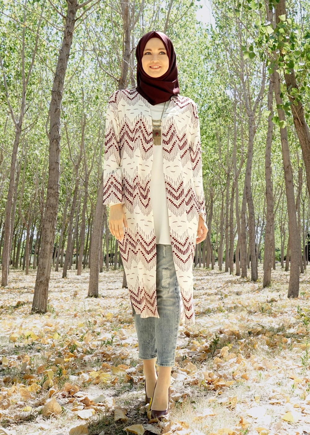 Tesettür giyim BORDO T 4285 Lafaba Zikzak Desenli Ceket
