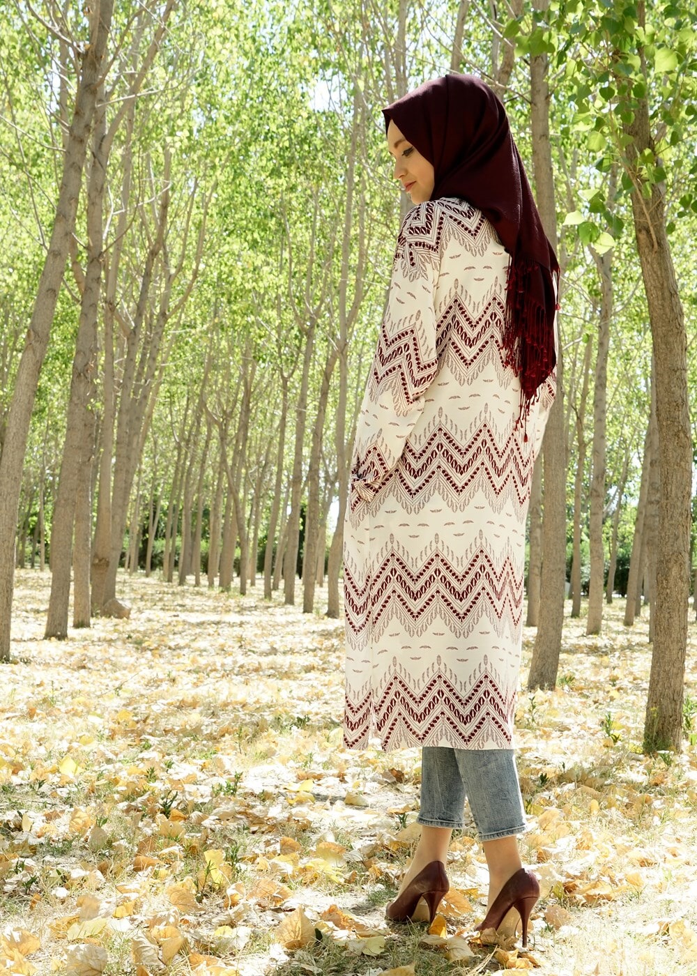 Tesettür giyim BORDO T 4285 Lafaba Zikzak Desenli Ceket