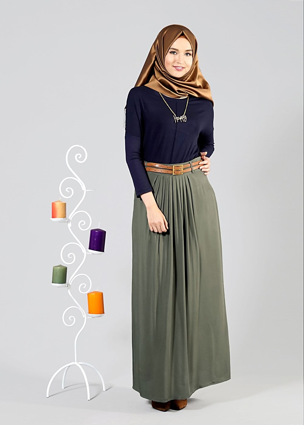 Tesettür giyim HAKİ T 565 ModaBu Çift Kemerli Etek