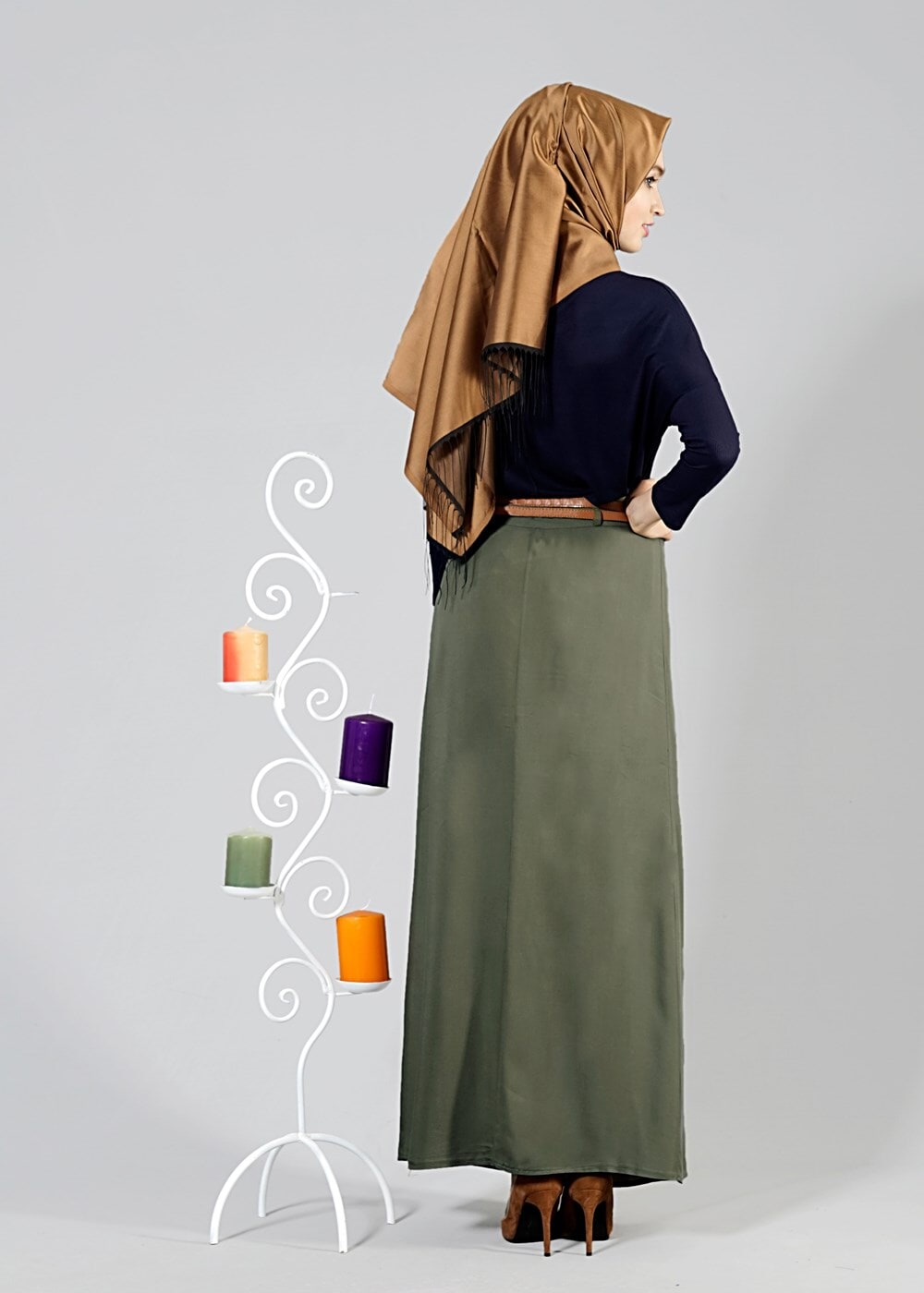 Tesettür giyim HAKİ T 565 ModaBu Çift Kemerli Etek