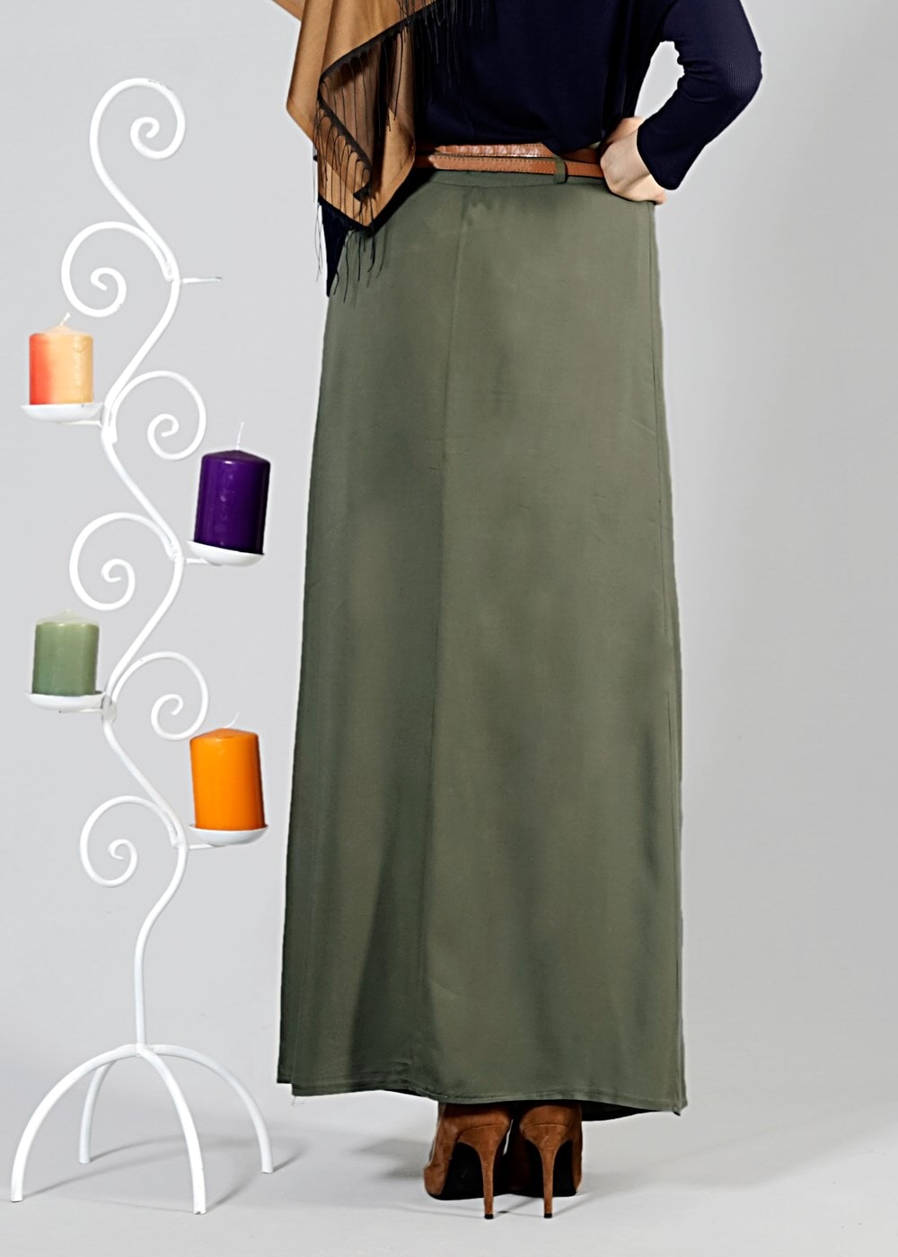 Tesettür giyim HAKİ T 565 ModaBu Çift Kemerli Etek