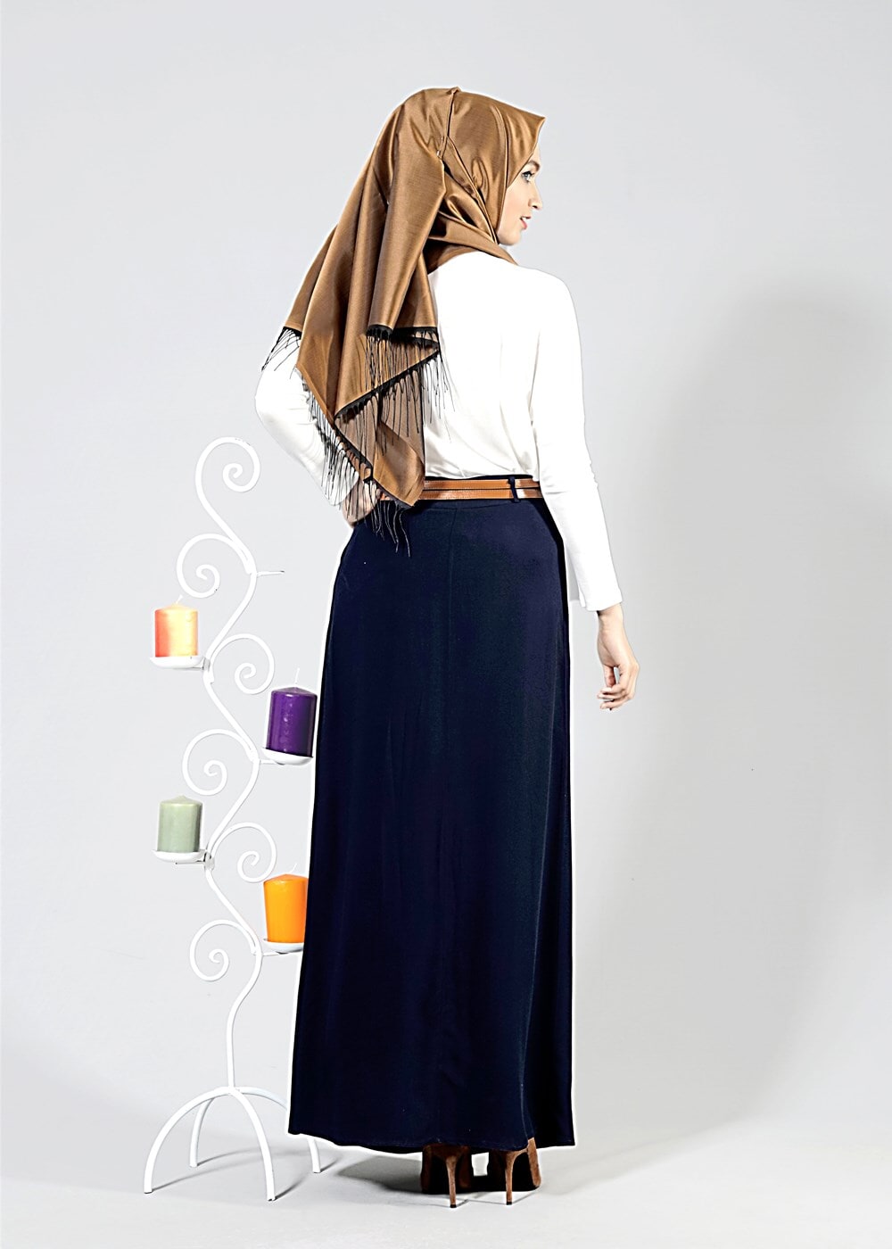 Tesettür giyim LACİVERT T 565 ModaBu Çift Kemerli Etek