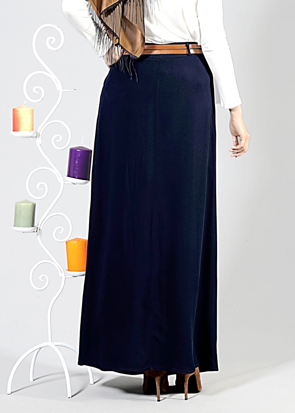 Tesettür giyim LACİVERT T 565 ModaBu Çift Kemerli Etek