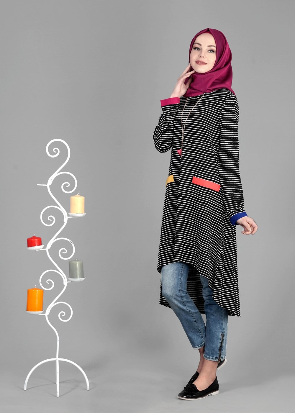 Tesettür giyim SİYAH T 1093 ModaBu Çizgili Tunik