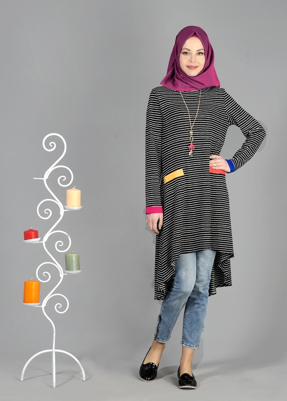 Tesettür giyim SİYAH T 1093 ModaBu Çizgili Tunik