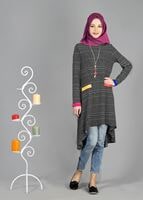 Tesettür giyim SİYAH T 1093 ModaBu Çizgili Tunik