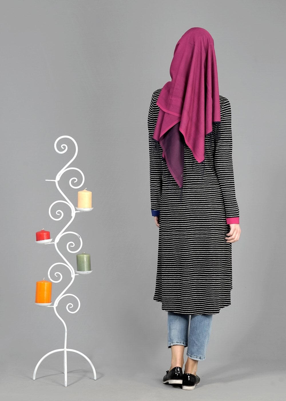 Tesettür giyim SİYAH T 1093 ModaBu Çizgili Tunik