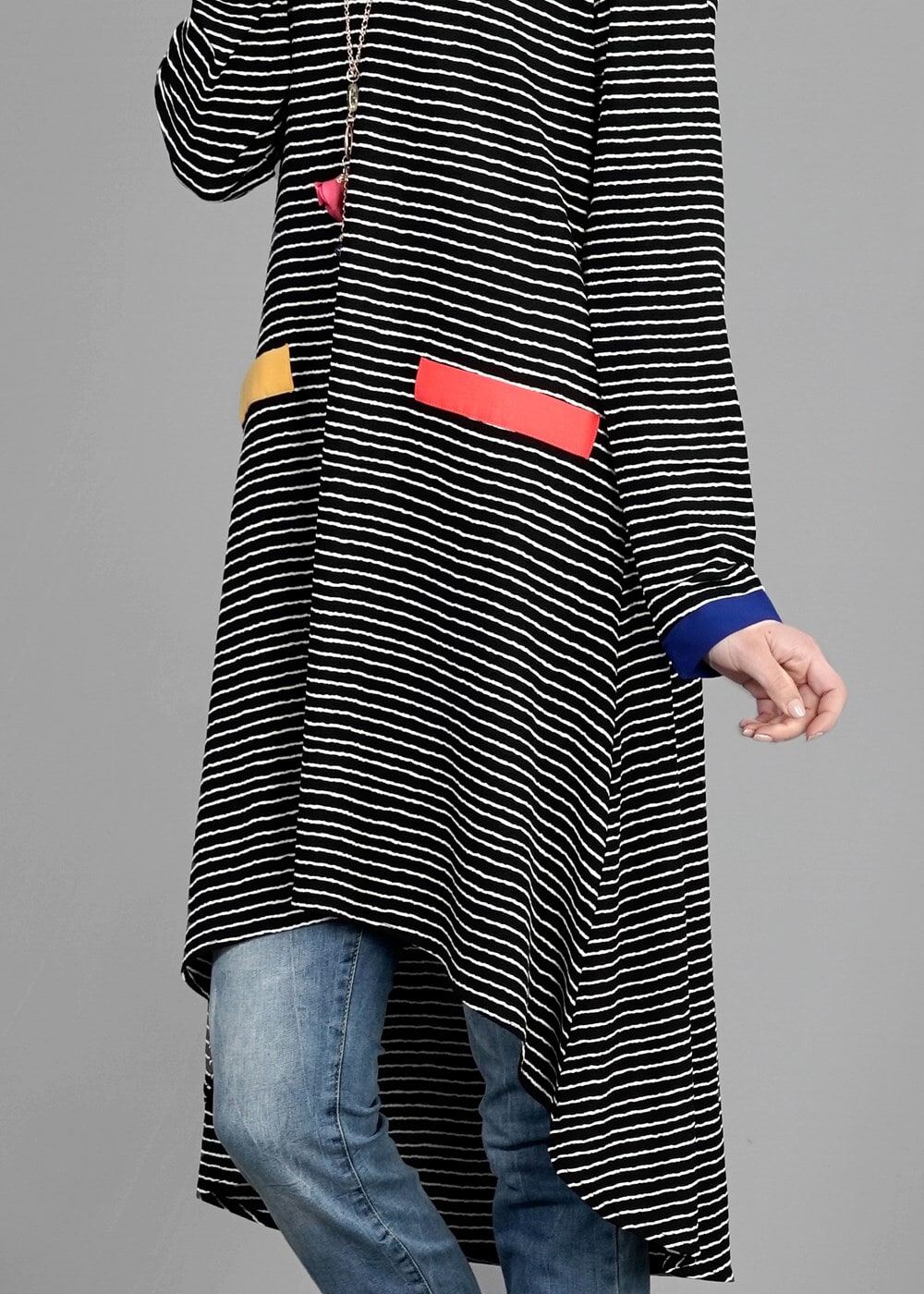 Tesettür giyim SİYAH T 1093 ModaBu Çizgili Tunik