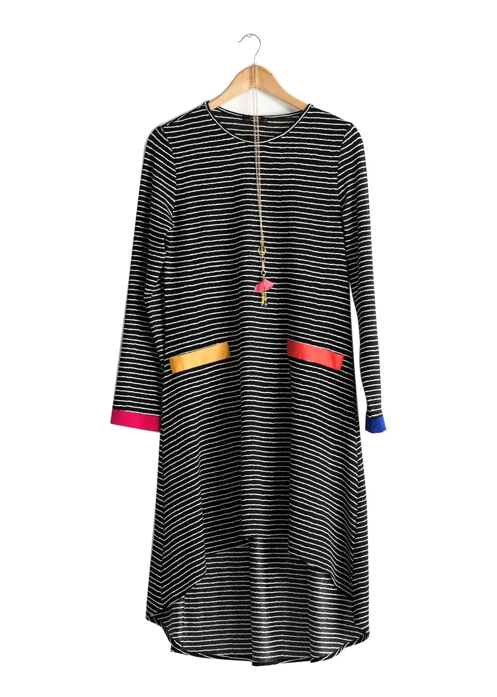 Tesettür giyim SİYAH T 1093 ModaBu Çizgili Tunik