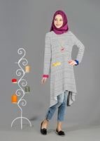 Tesettür giyim KREM T 1093 ModaBu Çizgili Tunik