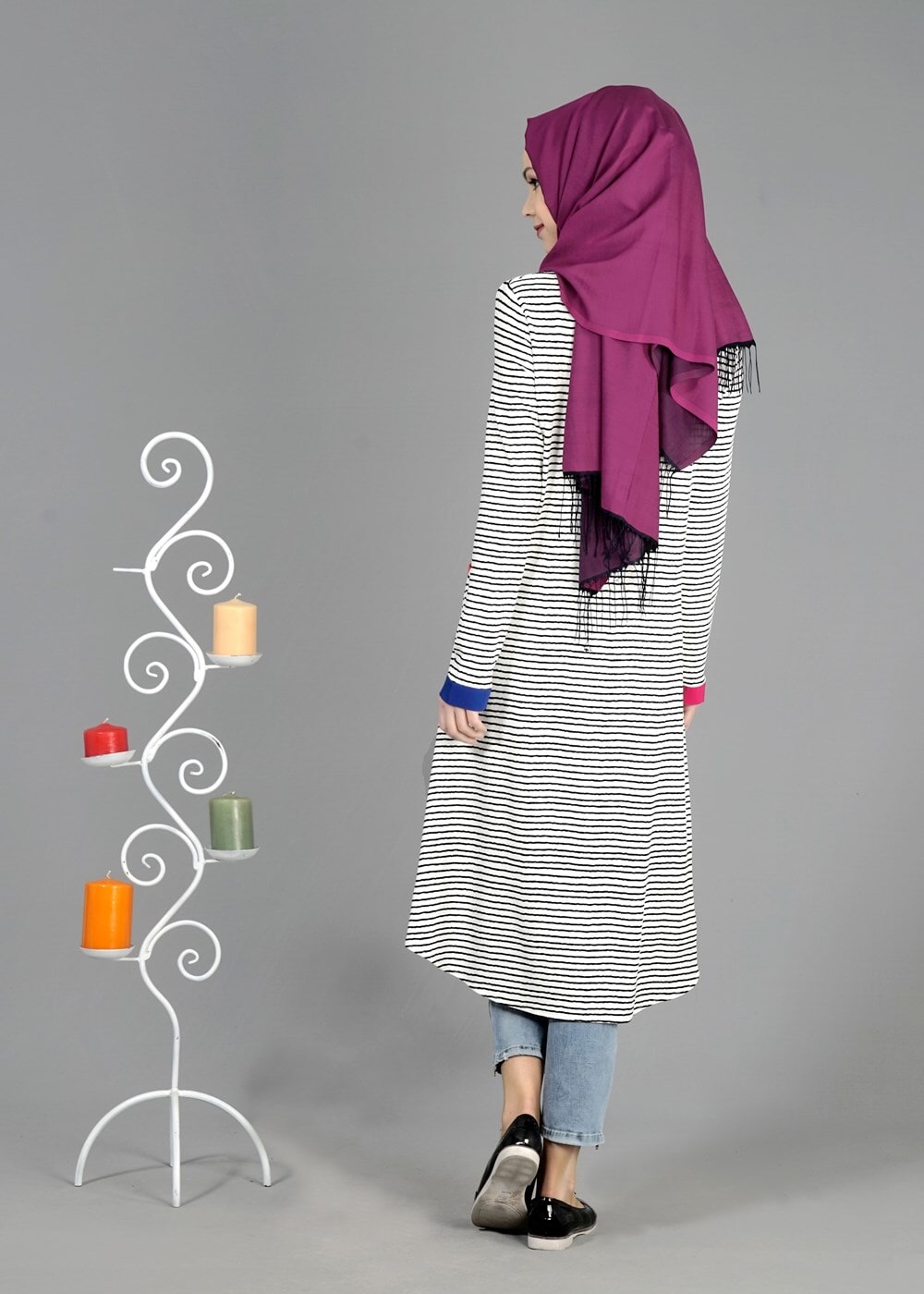 Tesettür giyim KREM T 1093 ModaBu Çizgili Tunik
