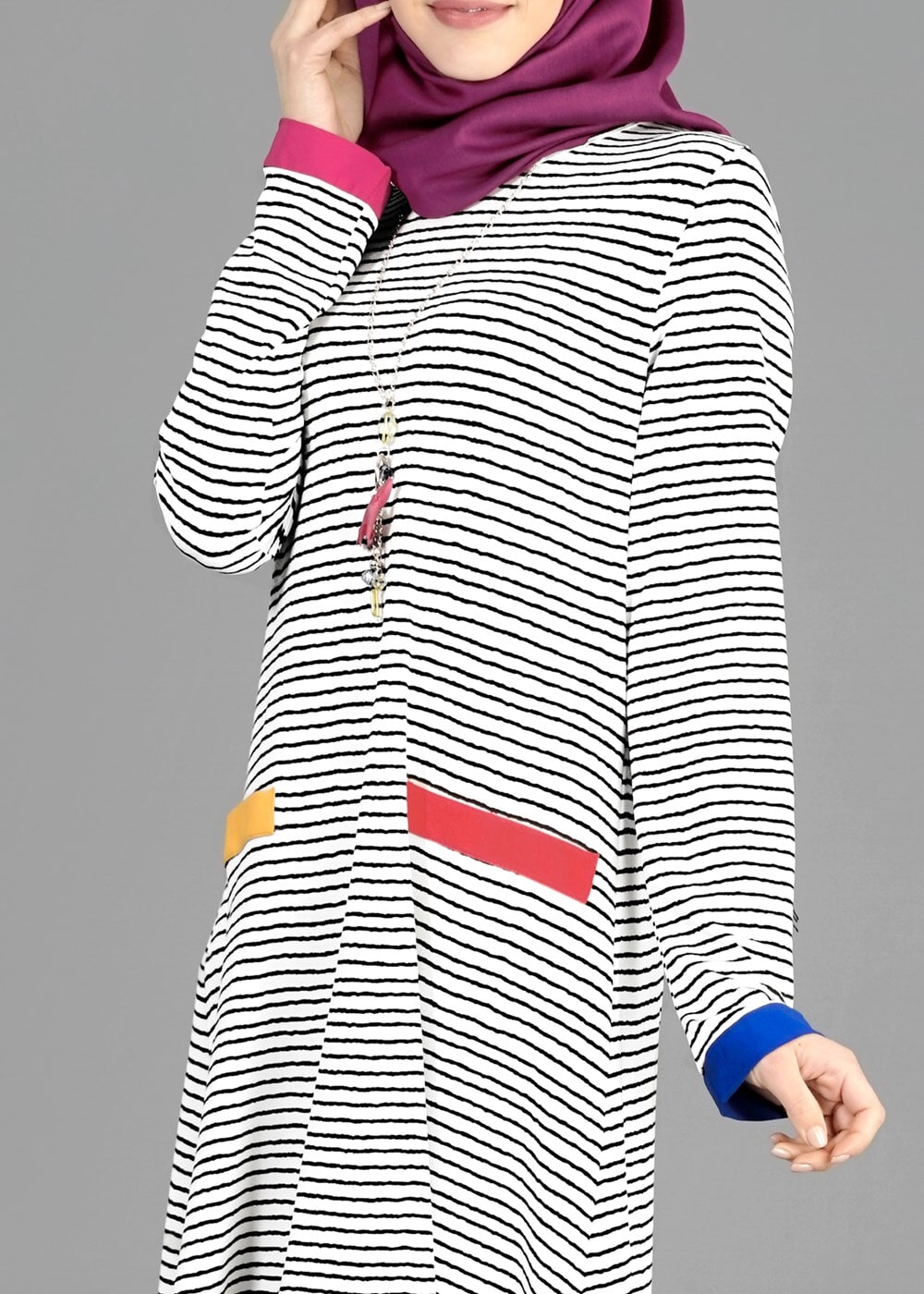 Tesettür giyim KREM T 1093 ModaBu Çizgili Tunik