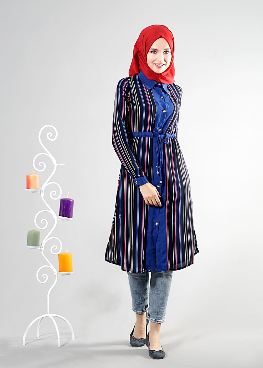 Tesettür giyim LACİVERT T 1256 ModaBu Boydan Düğmeli Tunik