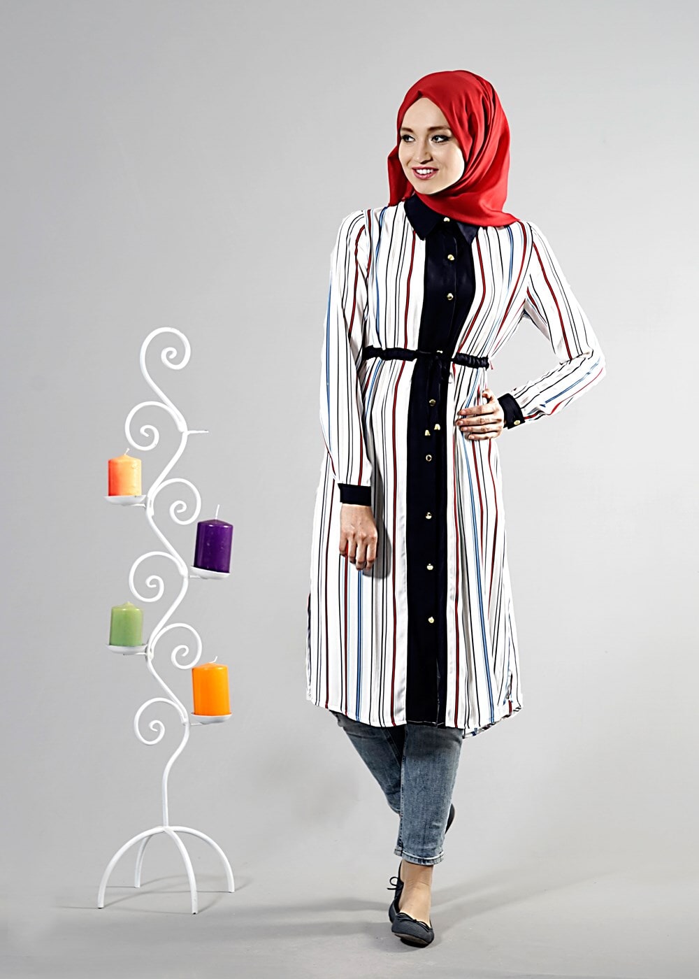 Tesettür giyim LACİVERT T 1256 ModaBu Boydan Düğmeli Tunik