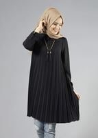 Tesettür giyim SİYAH T 1331 ModaBu Piliseli Tunik