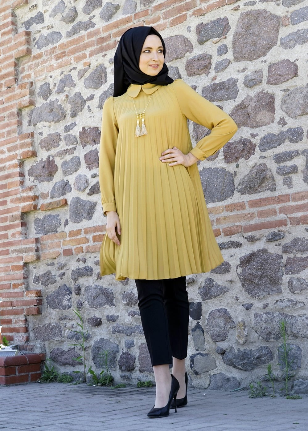 Tesettür giyim TURUNCU T 1331 ModaBu Piliseli Tunik