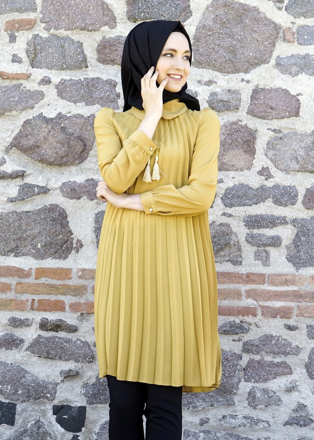 Tesettür giyim TURUNCU T 1331 ModaBu Piliseli Tunik