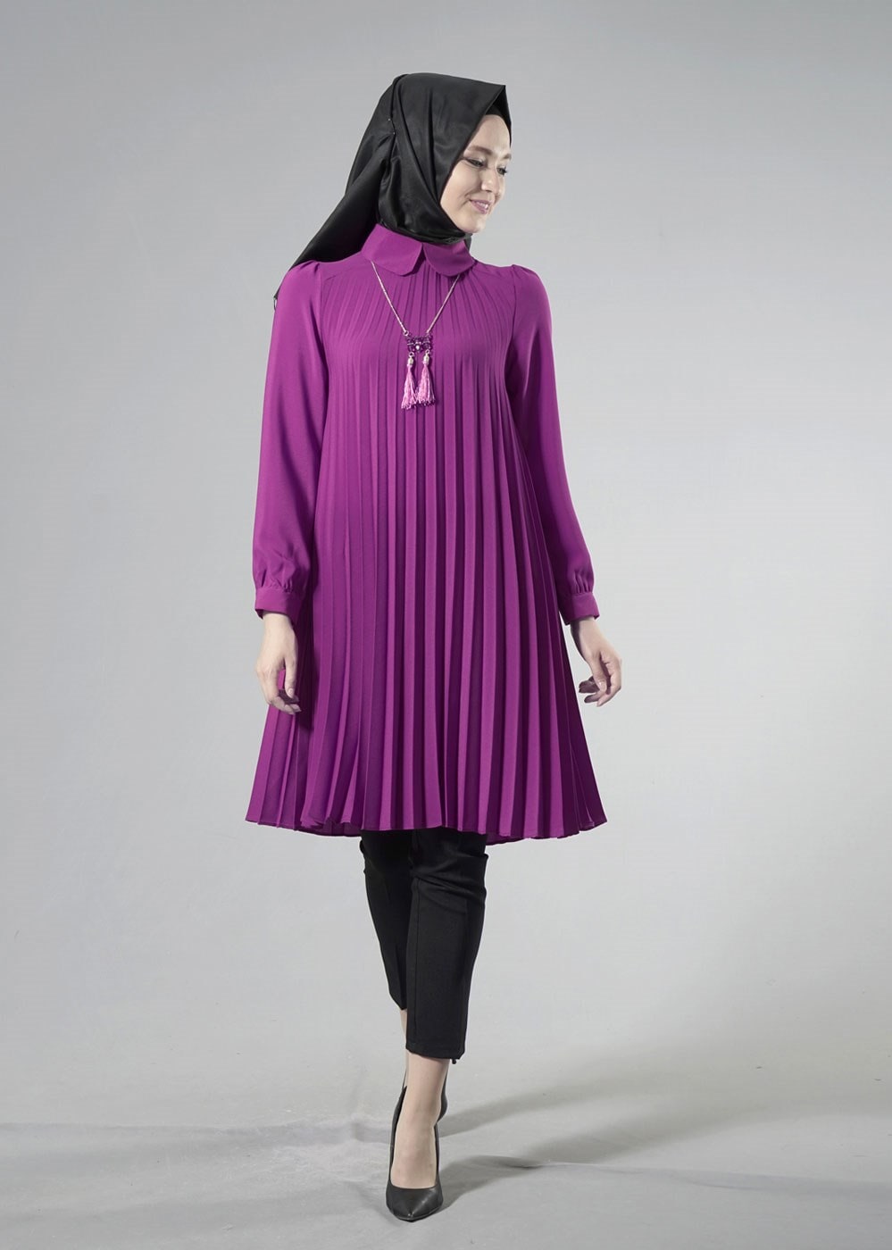 Tesettür giyim FUŞYA T 1331 ModaBu Piliseli Tunik
