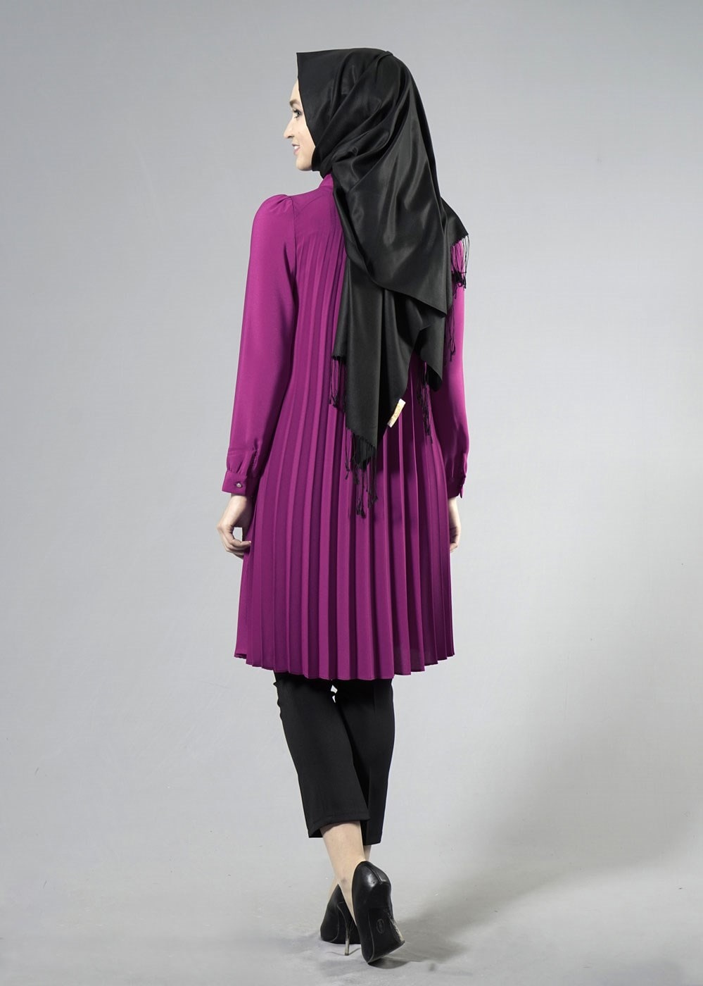 Tesettür giyim FUŞYA T 1331 ModaBu Piliseli Tunik