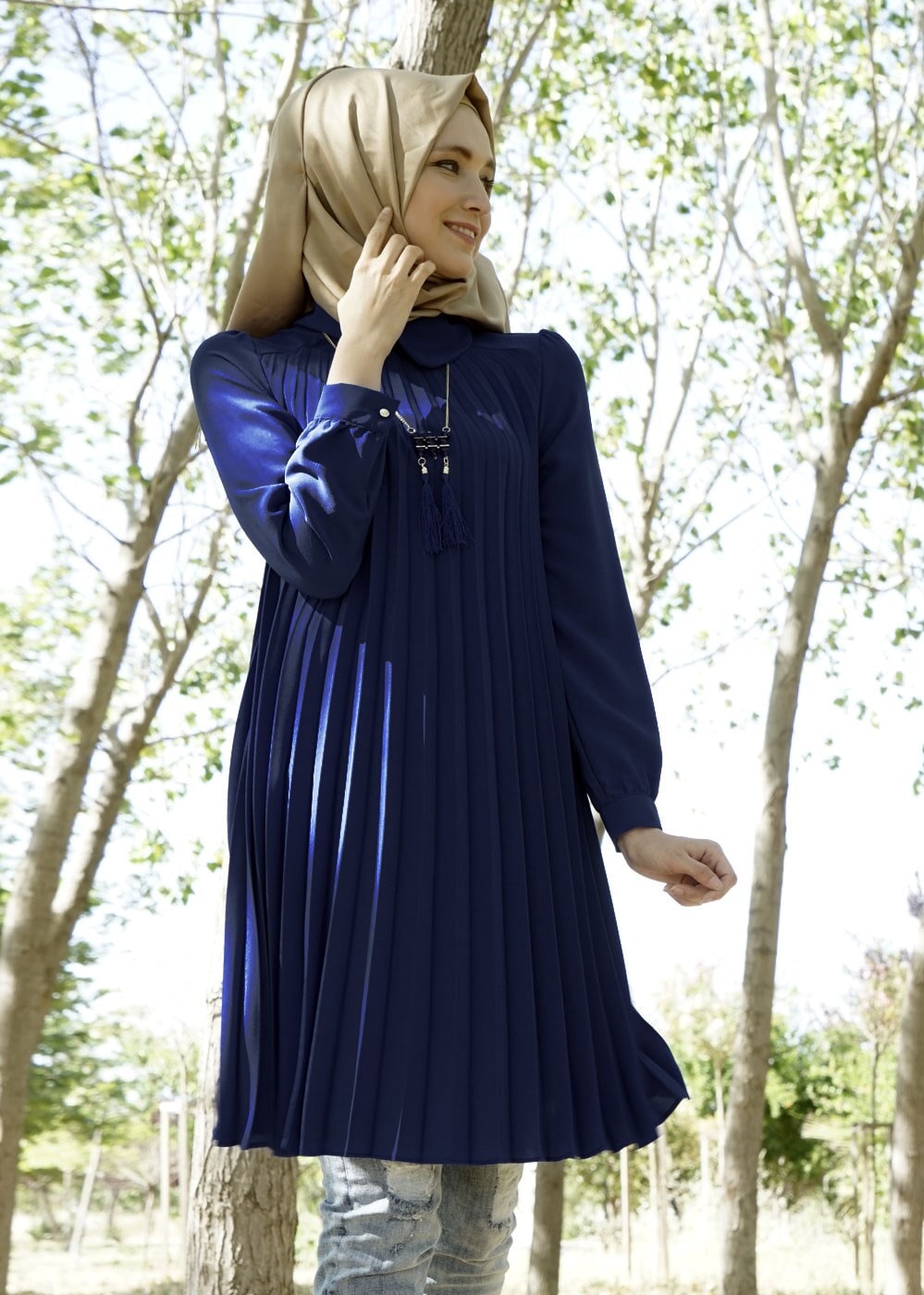 Tesettür giyim LACİVERT T 1331 ModaBu Piliseli Tunik