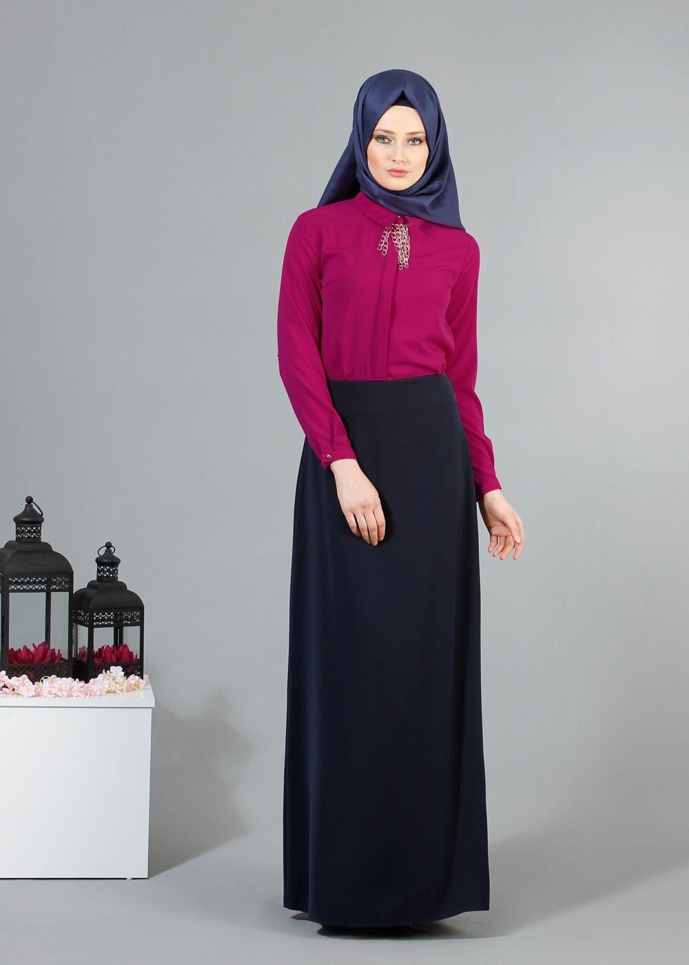 Tesettür giyim FUŞYA T 6545 ModaBu Zincir Aksesuarlı Bluz