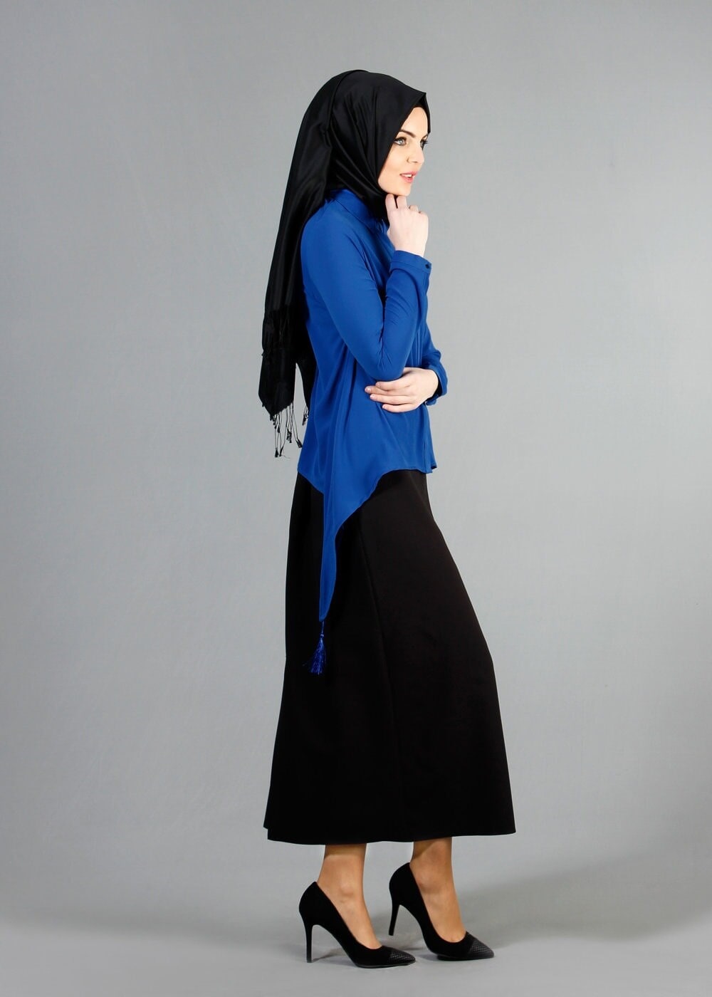 Tesettür giyim LACİVERT T 6556 ModaBu İki Yanı Püsküllü Bluz