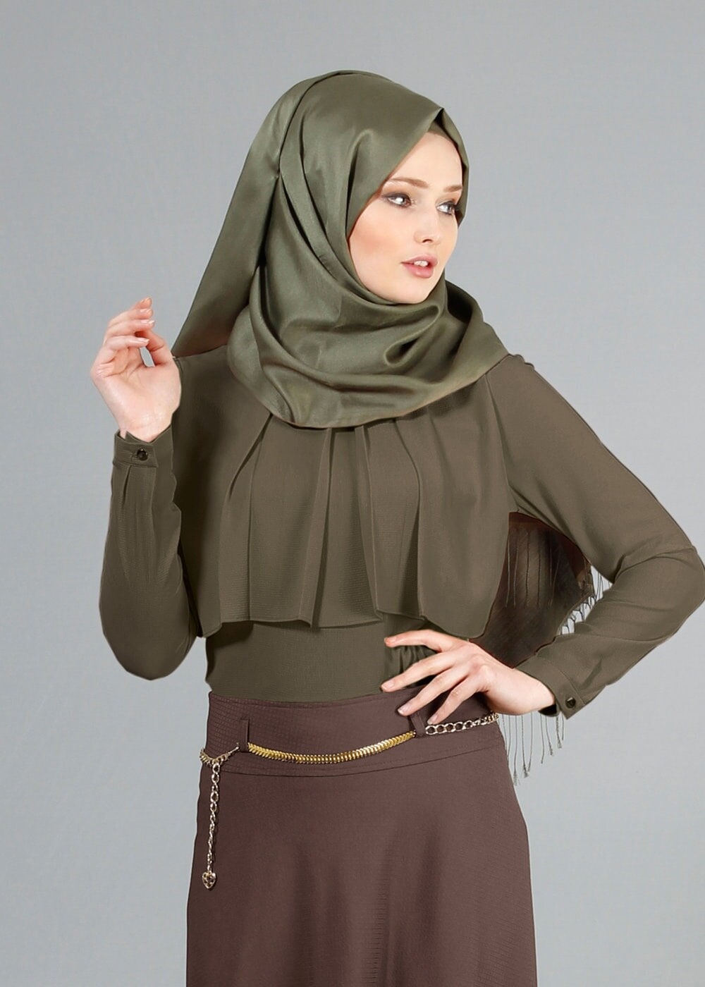 Tesettür giyim HAKİ T 6557 ModaBu Önü Allerli Bluz