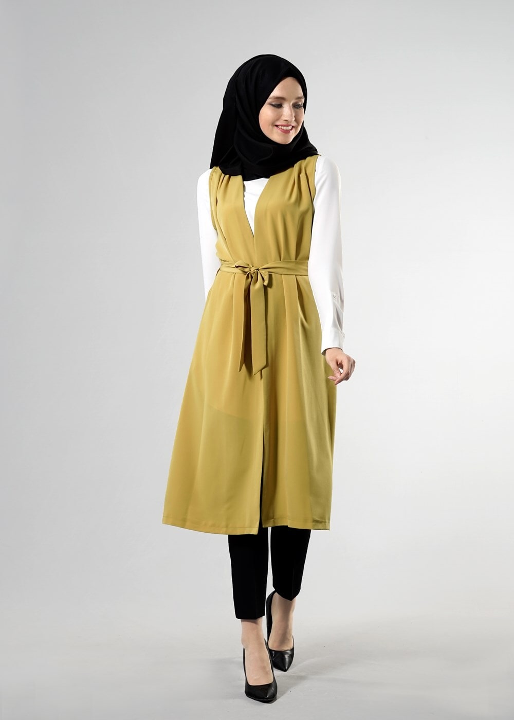 Tesettür giyim TURUNCU T 8214 ModaBu Kuşaklı Uzun Yelek