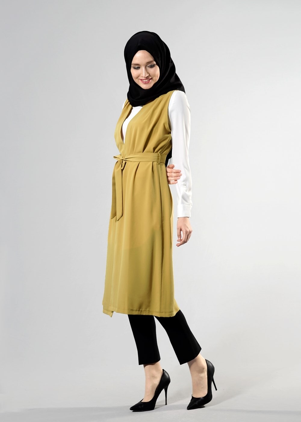 Tesettür giyim TURUNCU T 8214 ModaBu Kuşaklı Uzun Yelek
