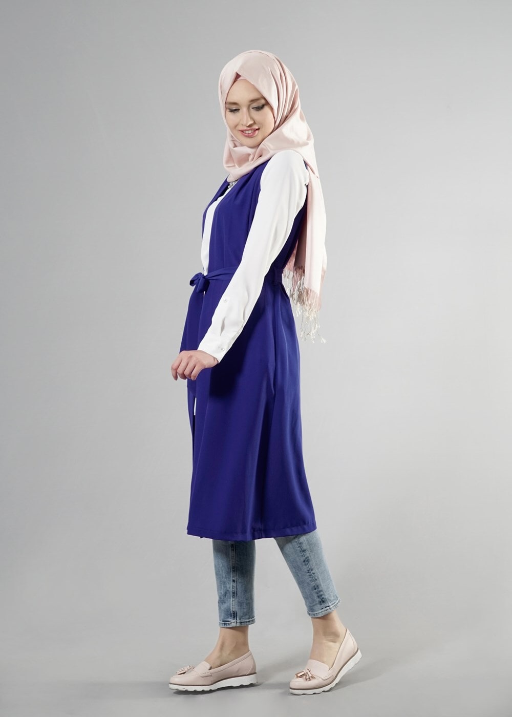 Tesettür giyim LACİVERT T 8214 ModaBu Kuşaklı Uzun Yelek