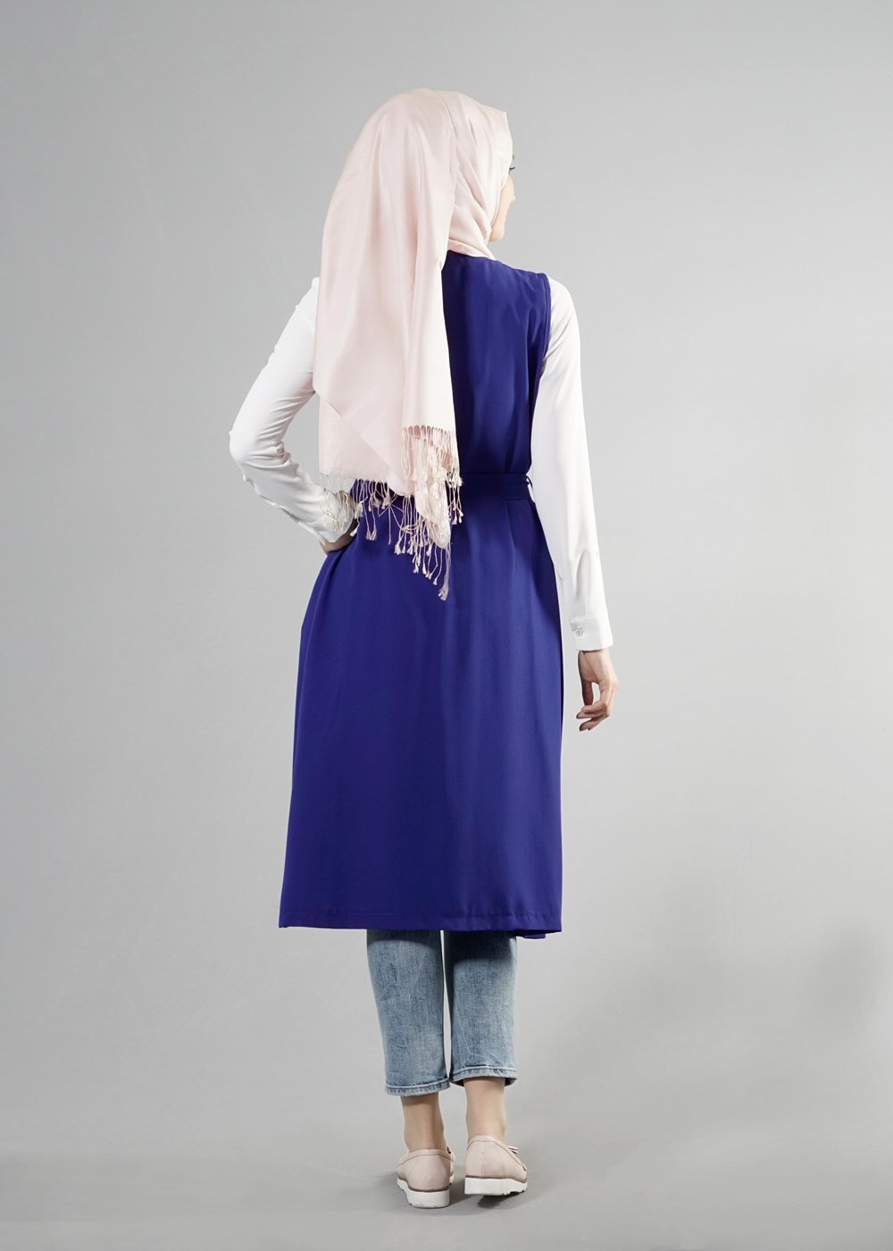 Tesettür giyim LACİVERT T 8214 ModaBu Kuşaklı Uzun Yelek