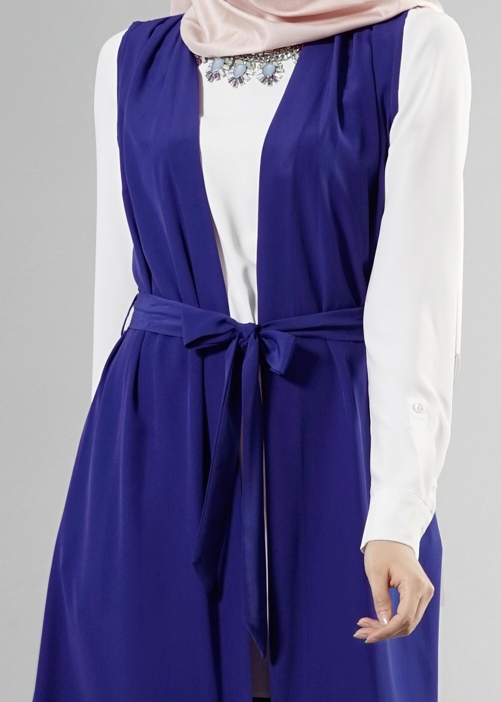 Tesettür giyim LACİVERT T 8214 ModaBu Kuşaklı Uzun Yelek