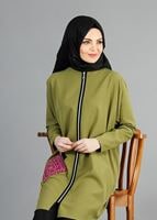 Hijab clothing GREEN T 8343 ModaBu Nakışlı Boydan Fermuarlı Tunik