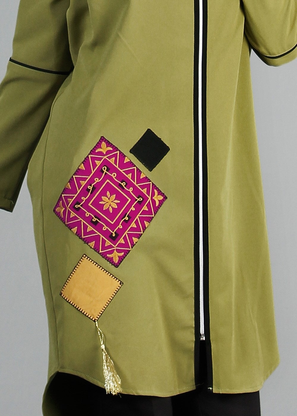 Hijab clothing GREEN T 8343 ModaBu Nakışlı Boydan Fermuarlı Tunik