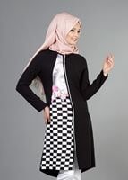 Tesettür giyim SİYAH T 8348 ModaBu Fermuarlı Dijital Baskılı Tunik