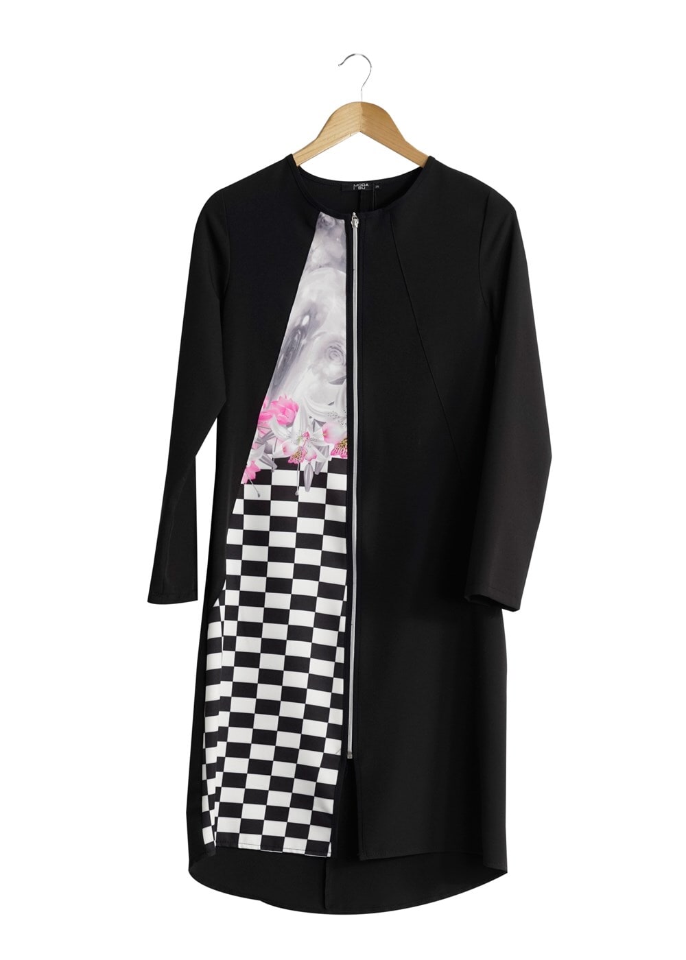 Tesettür giyim SİYAH T 8348 ModaBu Fermuarlı Dijital Baskılı Tunik