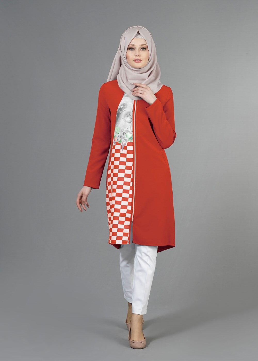 Tesettür giyim KIRMIZI T 8348 ModaBu Fermuarlı Dijital Baskılı Tunik