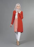 Tesettür giyim KIRMIZI T 8348 ModaBu Fermuarlı Dijital Baskılı Tunik