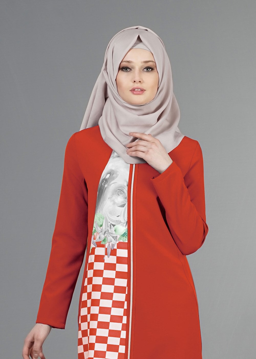 Tesettür giyim KIRMIZI T 8348 ModaBu Fermuarlı Dijital Baskılı Tunik
