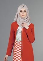 Tesettür giyim KIRMIZI T 8348 ModaBu Fermuarlı Dijital Baskılı Tunik